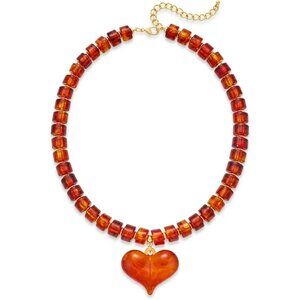 Women's Chunky Puff Orange Heart Penadnt Acrylic Beaded Chain Necklace